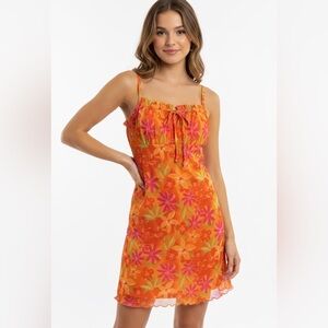 VTG 90’s Retro Floral Orange and Pink Mini Dress M/L